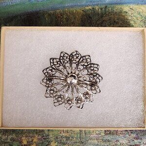 VTG Sterling Silver Filigree Flower, Dot Embellishments, C Clasp, 1 1/4" Dia.